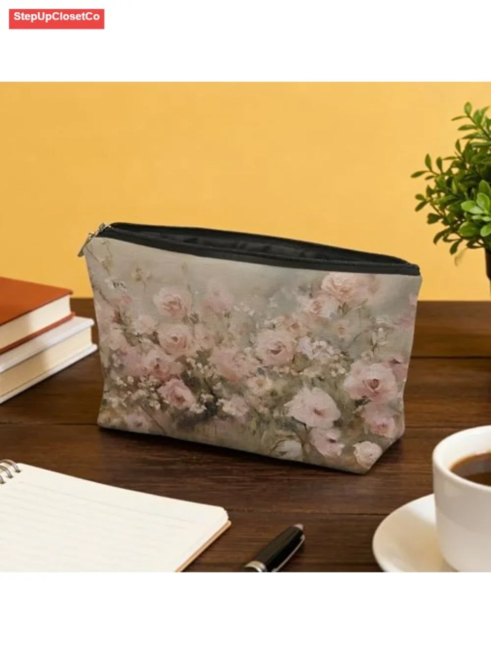 Vintage Floral Makeup Bag Linen Canvas Zipper Pouch